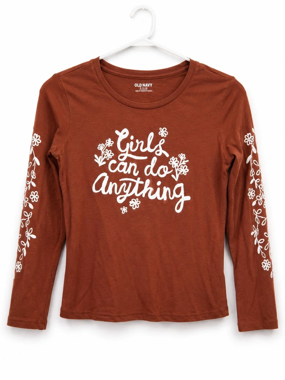Old Navy Girls Long-Sleeve Tee in Rust with White Floral Script XL 14-16